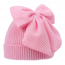 H668-P: Pink Chenille Hat w/Large Bow (0-12m)